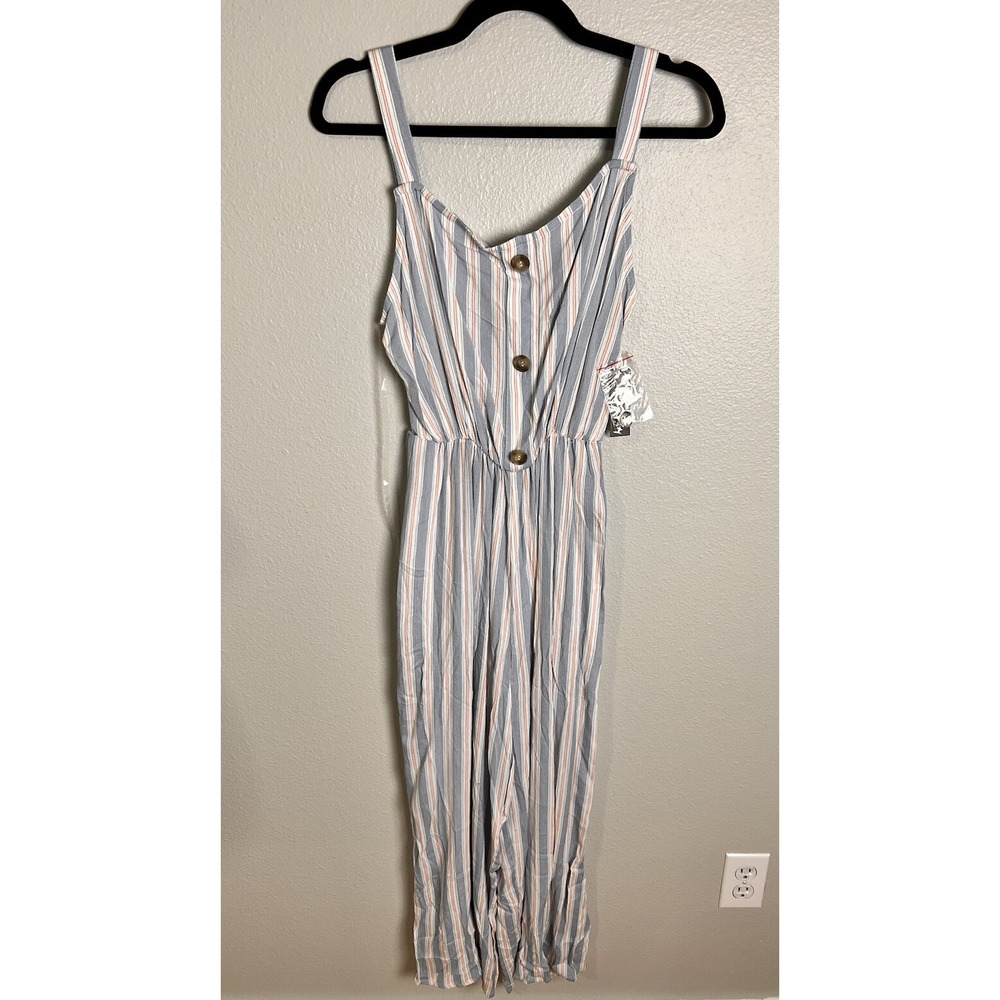 Justify button front blue striped jumpsuit Sz Medium blue white NWT